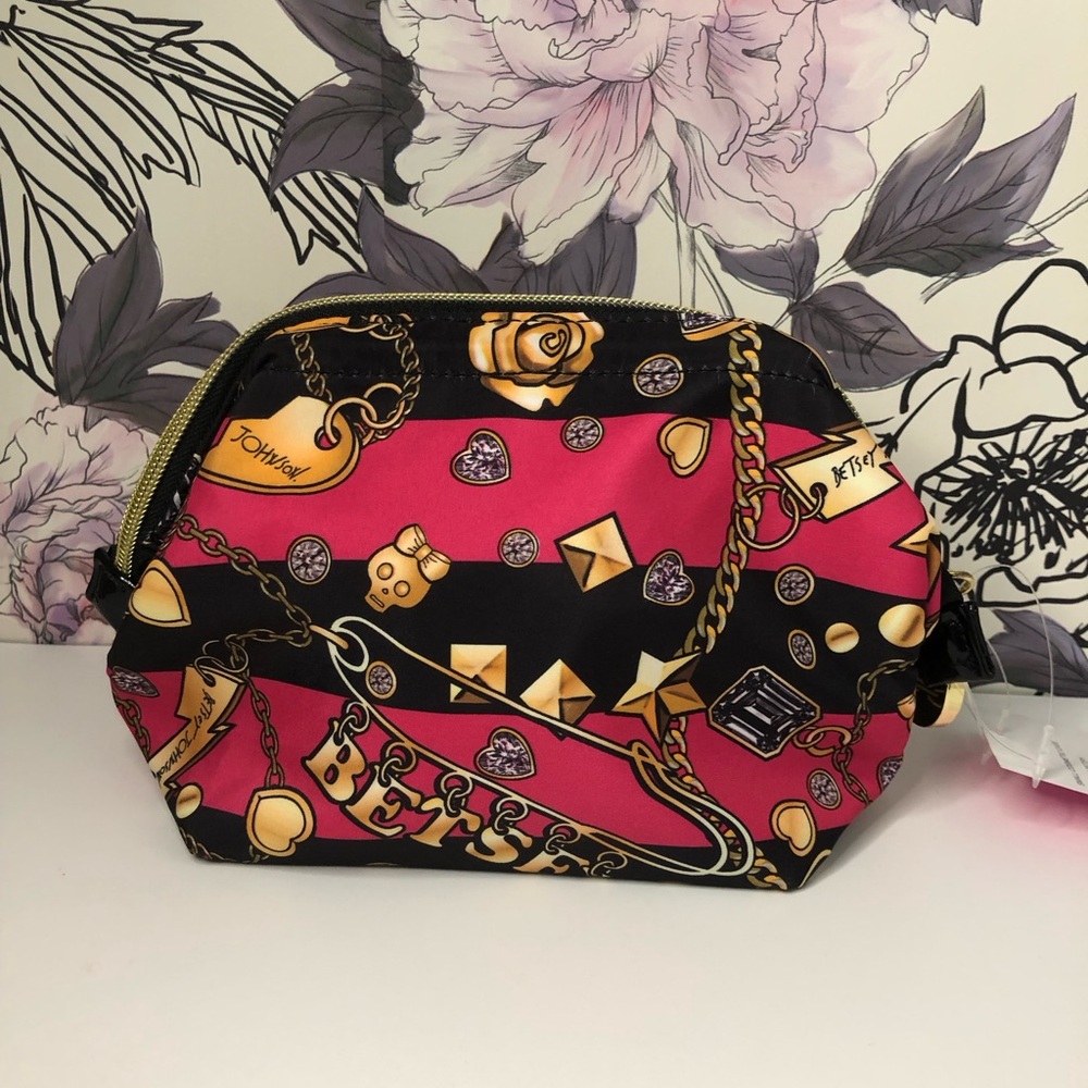 NEW Betsy Johnson Cosmetic Make up Travel Bag Pink Rose Jewelry Bling Zip Pouch - Picture 7 of 15